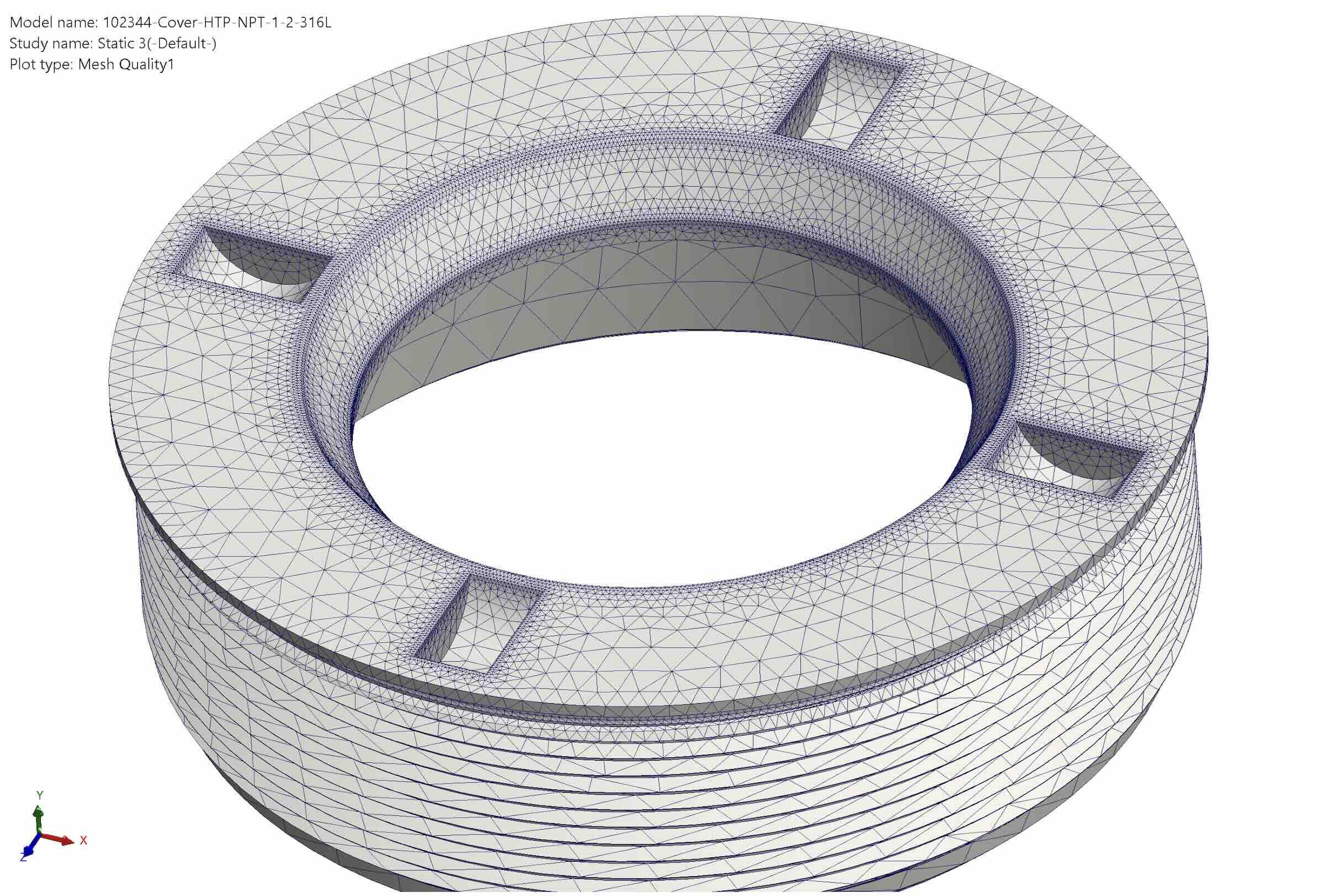 A mesh in Finite Elements Analysis for a sight glass pressure cap.