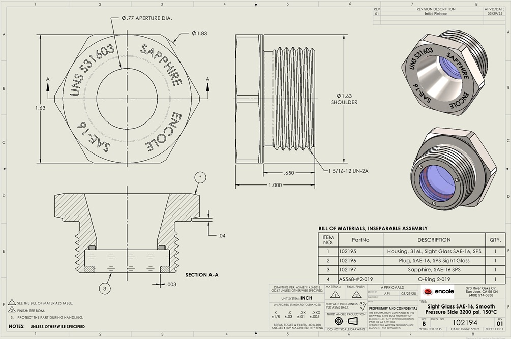 Drawing, SAE-16 sight glass. PN 102194