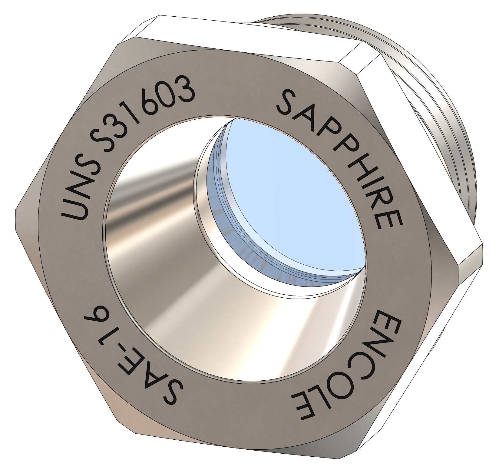 SAE Sight Glass, Smooth Pressure Side, Sapphire Window, 316L Stainless Steel Housing