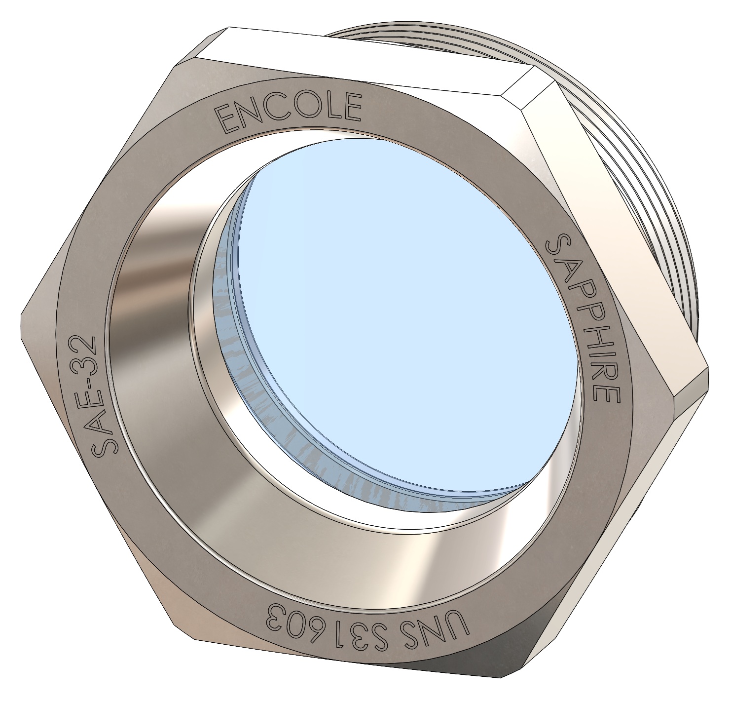 SAE Sight Glass, Smooth Pressure Side, Sapphire Window, 316L Stainless Steel Housing