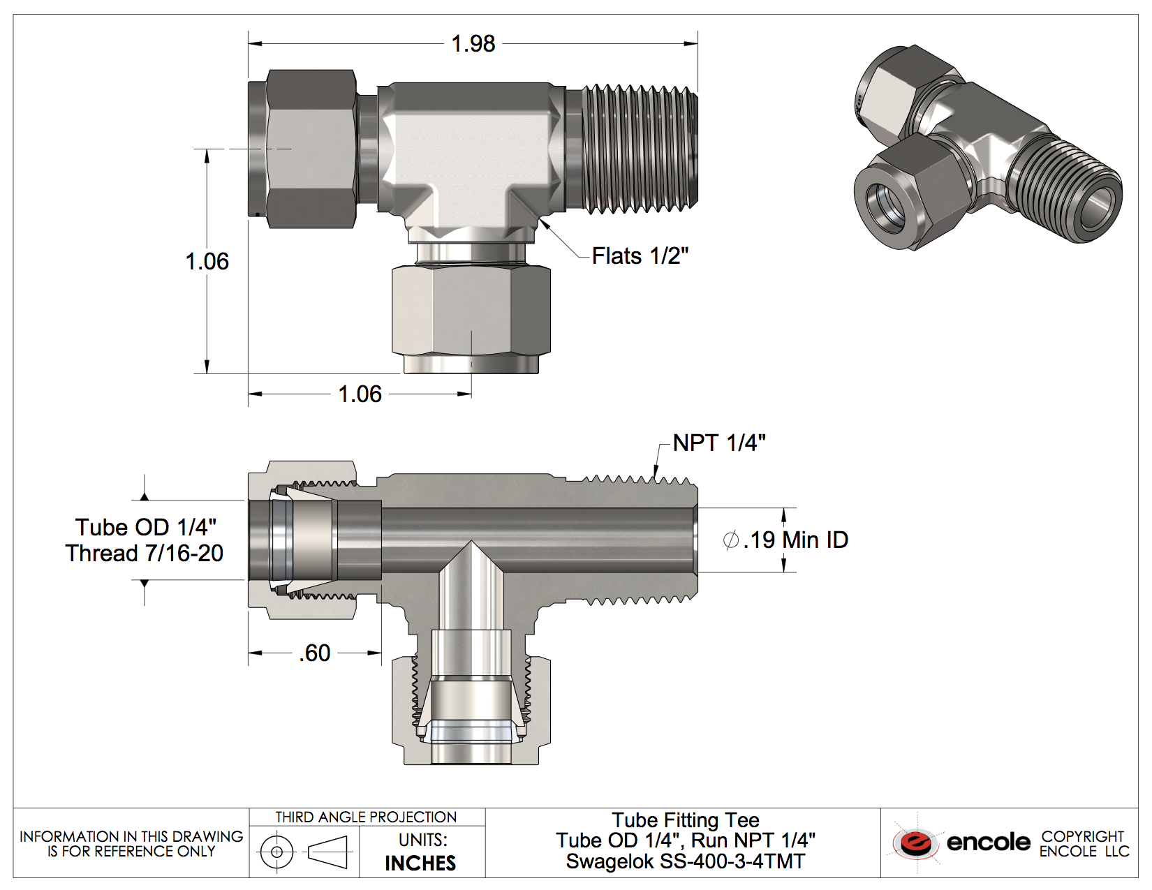 Swagelok SS-400-3 Stainless Steel Union Tee Fitting - 1/4 Inch Tube OD